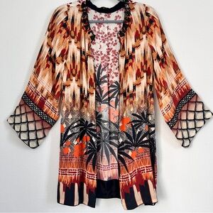 Sapphire 100% Silk Beaded Kimono Abstract Rhinestones Duster Vibrant Open Jacket